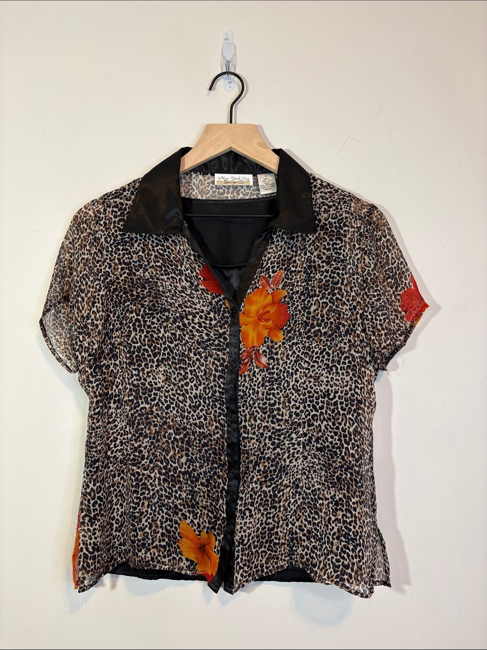 Vintage 90s Y2K Mesh Overlay Leopard Print Hibiscus Silk New York City Design Co